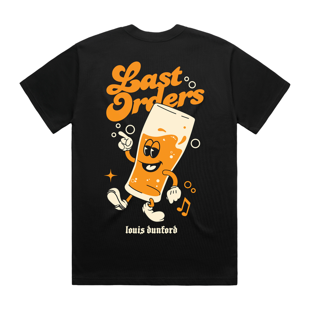 Back view of a black short-sleeve t-shirt with a cartoon beer character and 'Last Orders' text print.